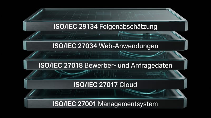 Fünf gestapelte Platten mit ISO/IEC 27001, 27017, 27018, 27034 und 29134 — Sinnbild für den Normenrahmen hinter Cloud, Formularen und Bewerberdaten.