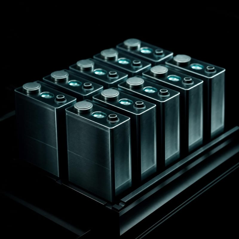 Prismatische Batteriezellen in einem dunklen Labor, türkise Reflexe auf Metall — Sinnbild für die Zelltechnologie, um die der europäische Marktauftritt kreiste.