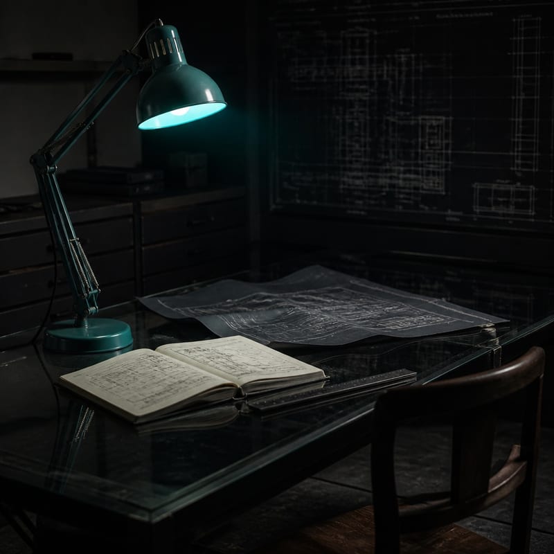 Dunkles Studio mit Messinglampe über einem aufgeschlagenen Buch voller technischer Zeichnungen und einer gerollten Blaupause — Sinnbild für das Studio 01PC.