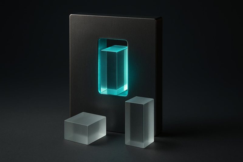 Dunkle Stahlplatte mit rechteckiger Öffnung, in der ein Glasblock türkis leuchtet, davor zwei andere Glasblöcke — woran ein Angebot gemessen wird.